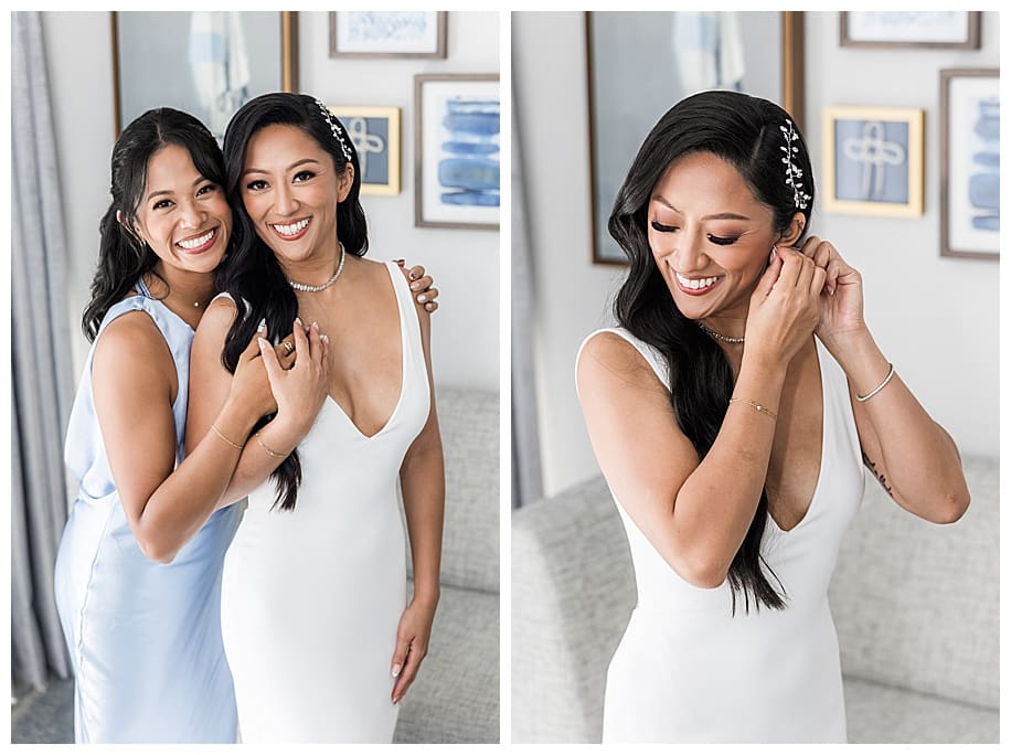 bride and sister hugging before wedding