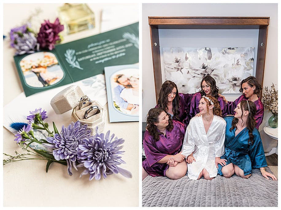 wedding flatlay and bride and bridesmaids in robes sitting on bed