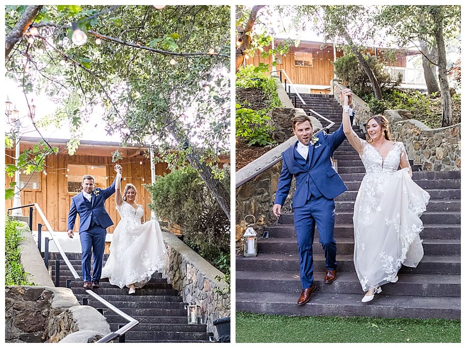 bride and groom coming down stairs to their Sacred Mountain Wedding reception