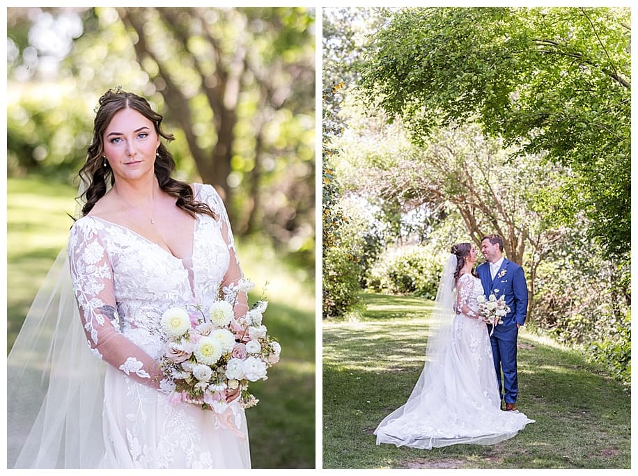 bride and groom under green trees at their Sacred Mountain Wedding