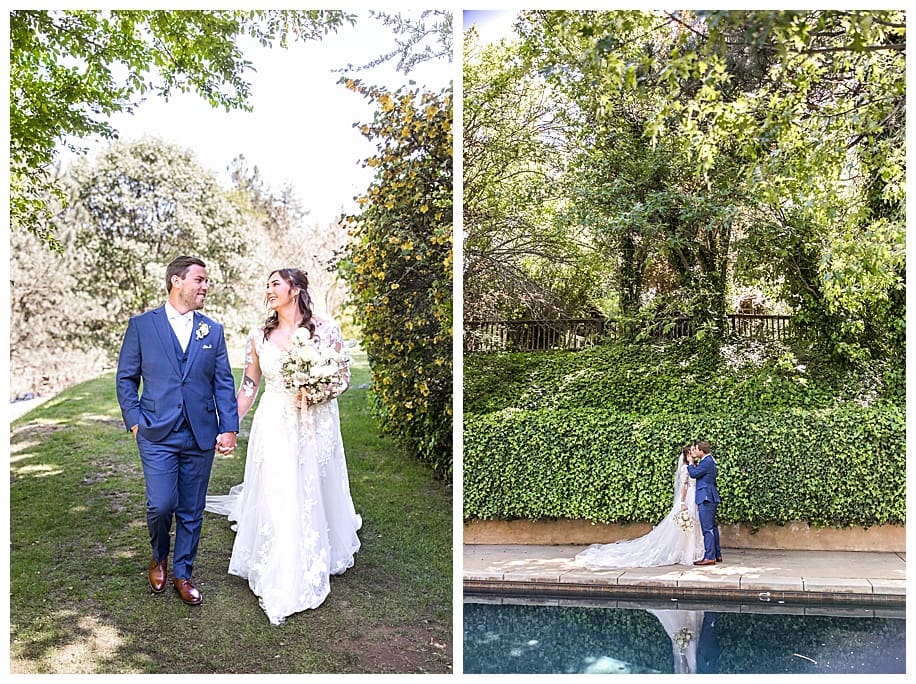 bride and groom by pool and walking at their Sacred Mountain Wedding