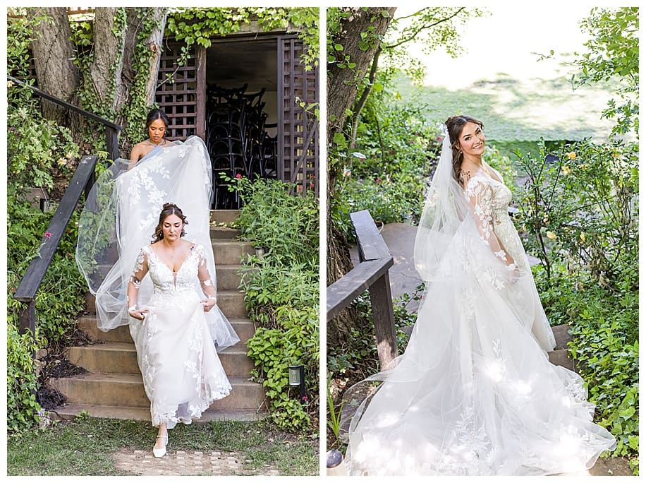 bridesmaid helpiing bride walk to her groom for first look