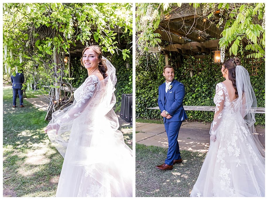 bride walking to groom at their first look during their Sacred Mountain Wedding