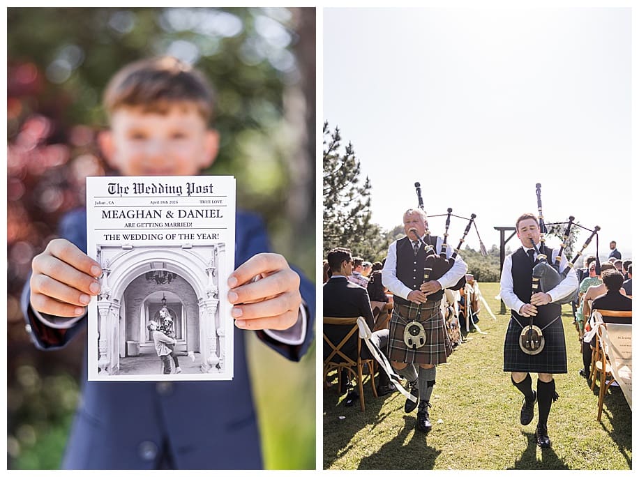 child holding flyier and family in kilts and bagpipes