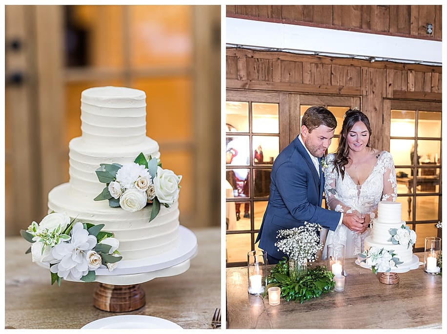bride and groom cutting cake at wedding reception
