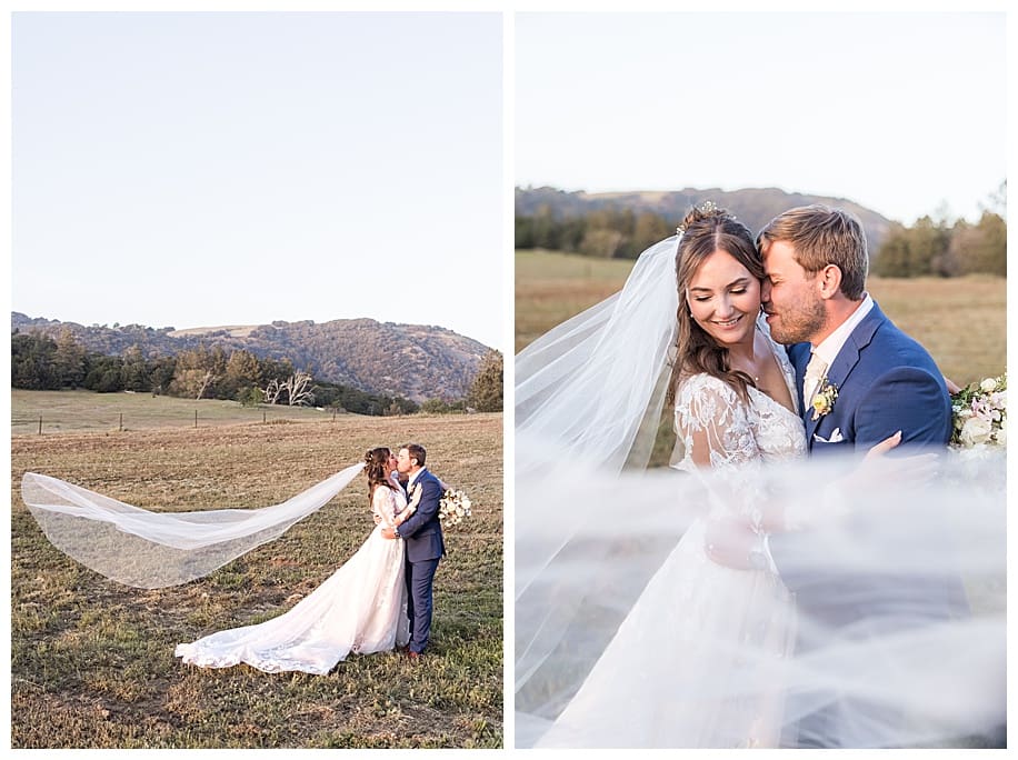 bride and groom in Julian field hugging at their Sacred Mountain Wedding