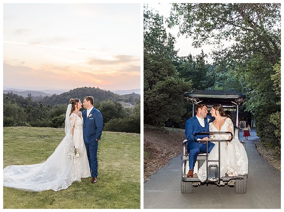 bride and groom at sunset and on golf cart at their Sacred Mountain Wedding