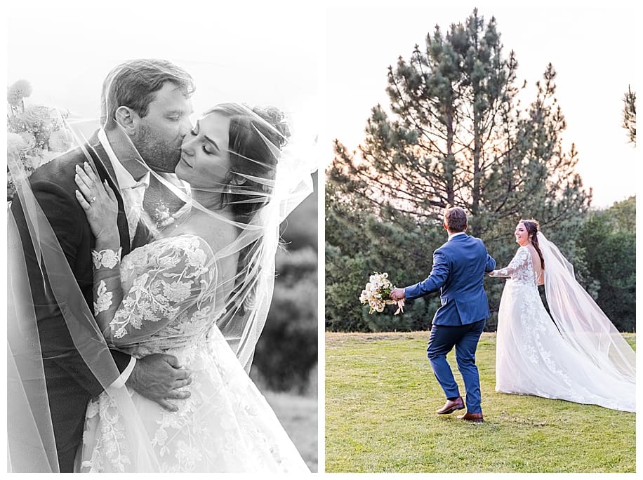 bride and groom under veil and walking at sunset at their Sacred Mountain Wedding