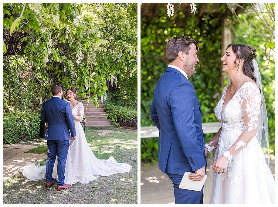 bride and groom meeting during first look at their Sacred Mountain Wedding