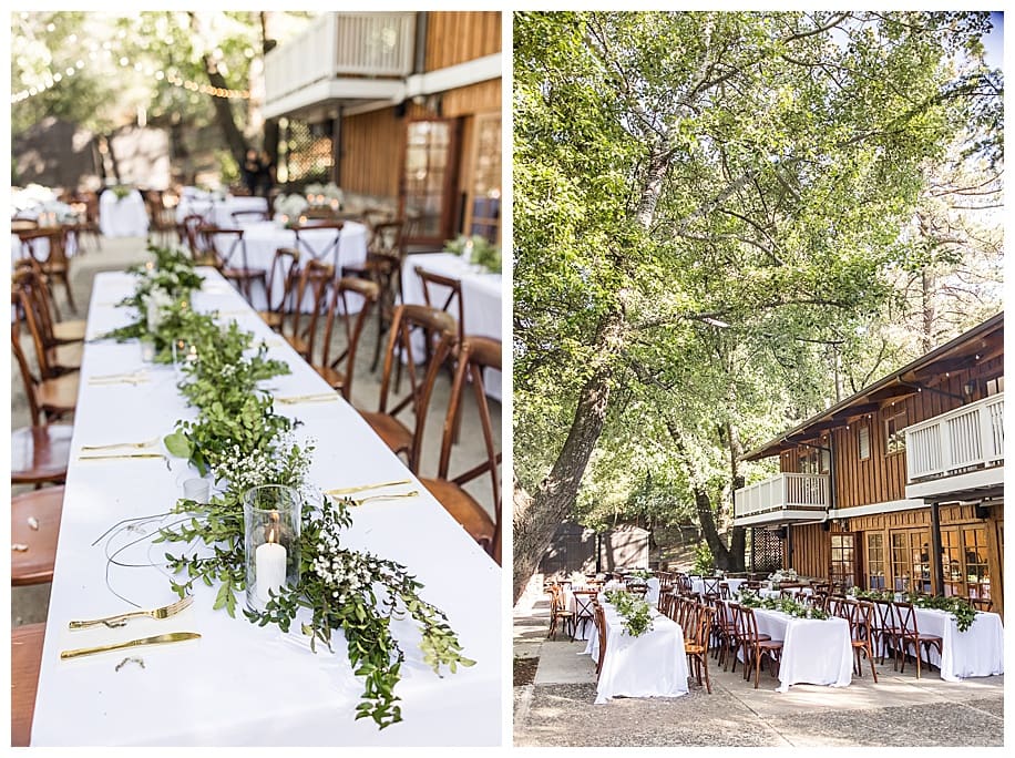 Sacred Mountain Wedding reception set up with greenery on tables