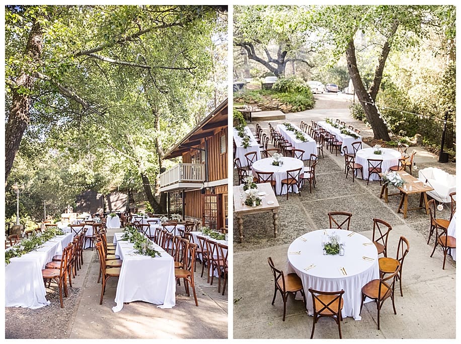 Sacred Mountain Wedding reception area with tables decorated with greenery