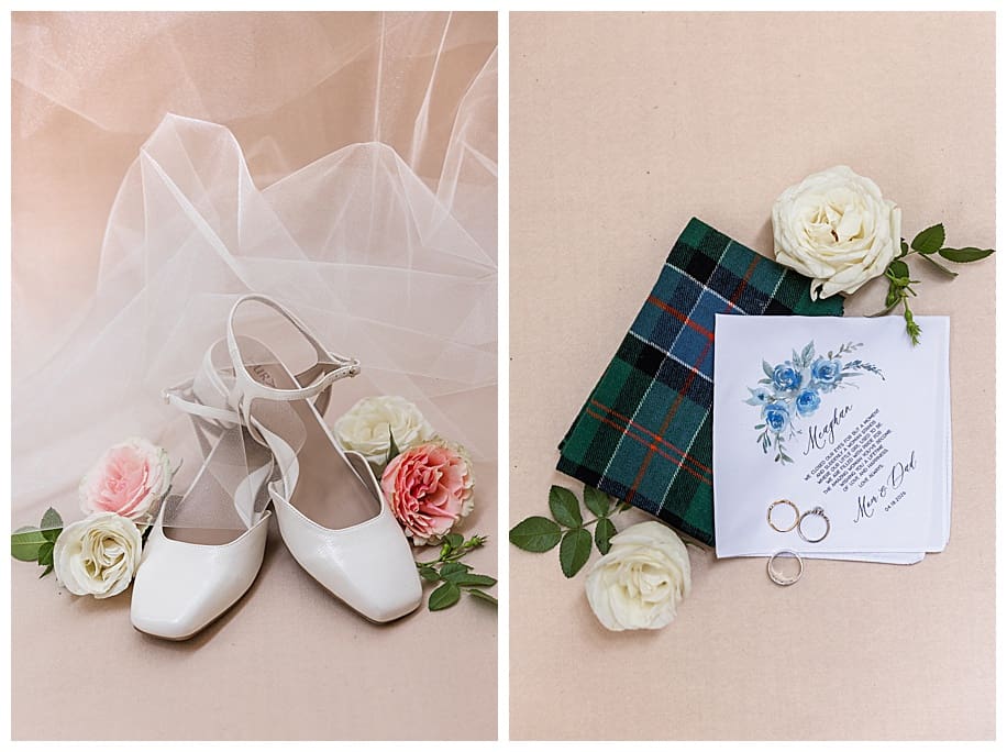 bridal shoes with veil and handkerchief and tartan