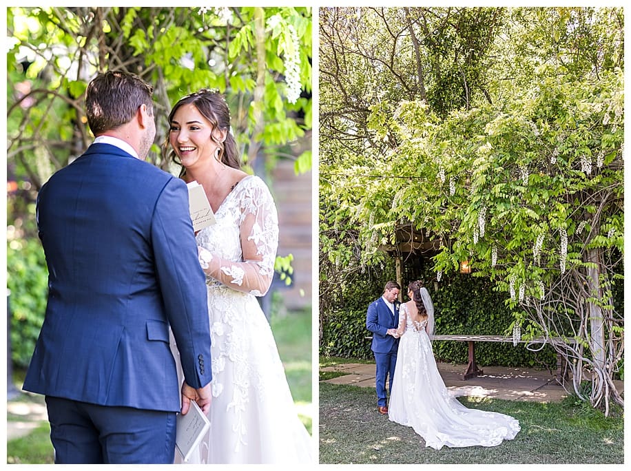 bride and groom during first look at thir Sacred Mountain Wedding