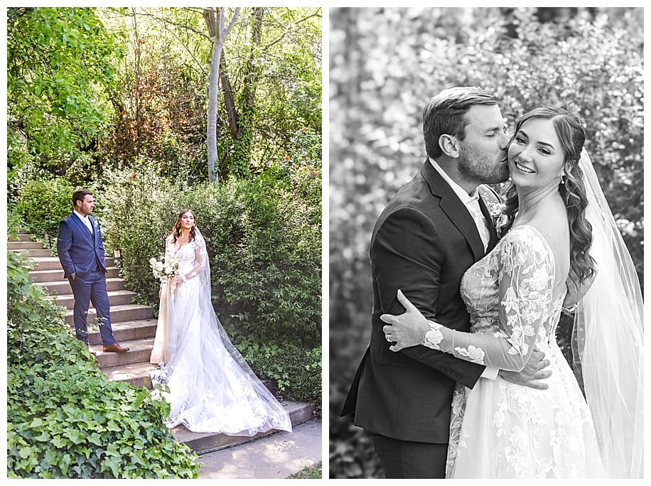 bride and groom on stairs at their Sacred Mountain Wedding