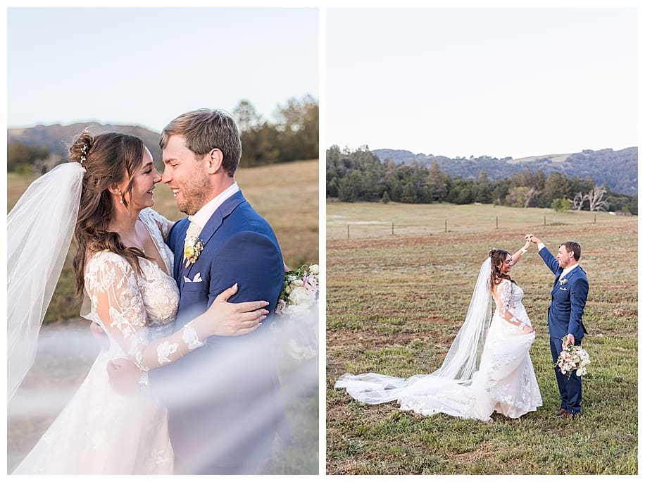 groom hugging and twirling bride in a field at their Sacred Mountain Wedding