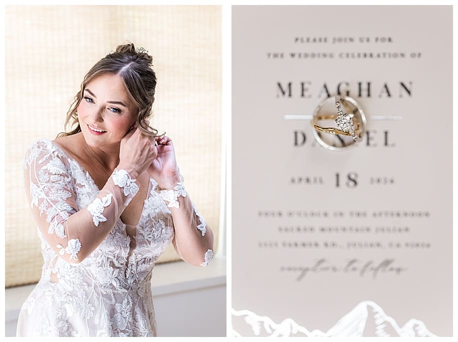 bride putting in earring and wedding rings on invitation