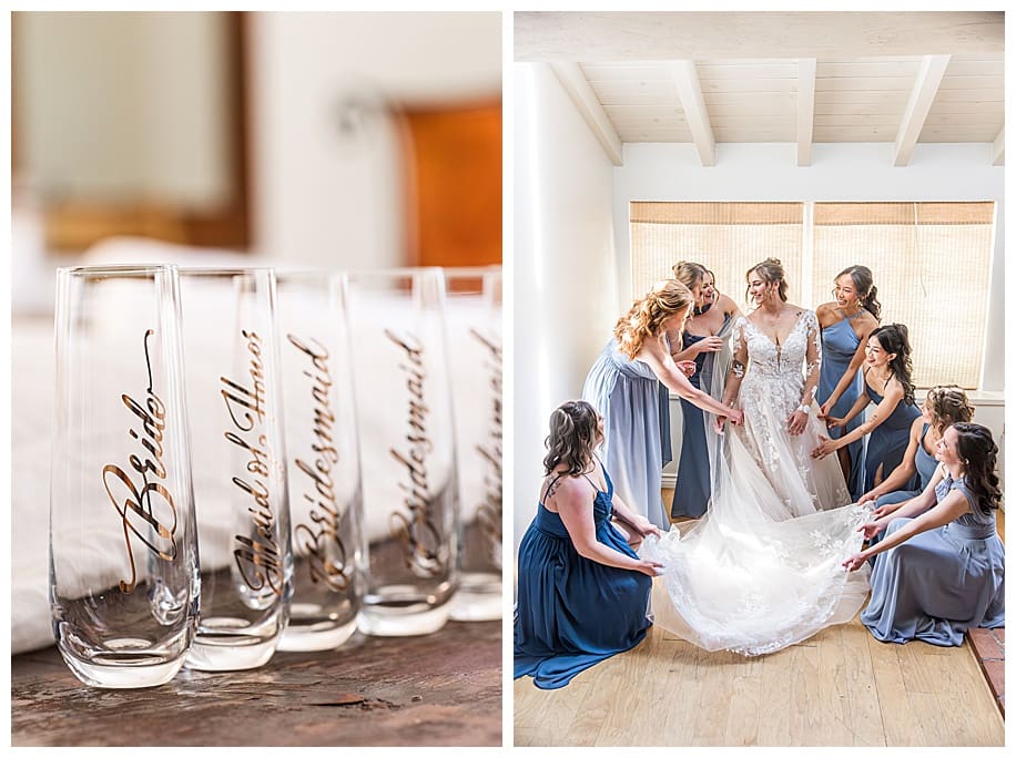 bridesmaids helping bride get ready and champagne flutes