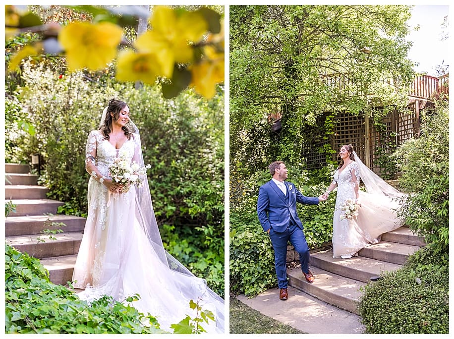 bride on stairs and groom leading her down at their Sacred Mountain Wedding