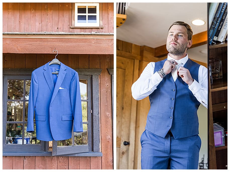 jacket hanging and groom setting tie