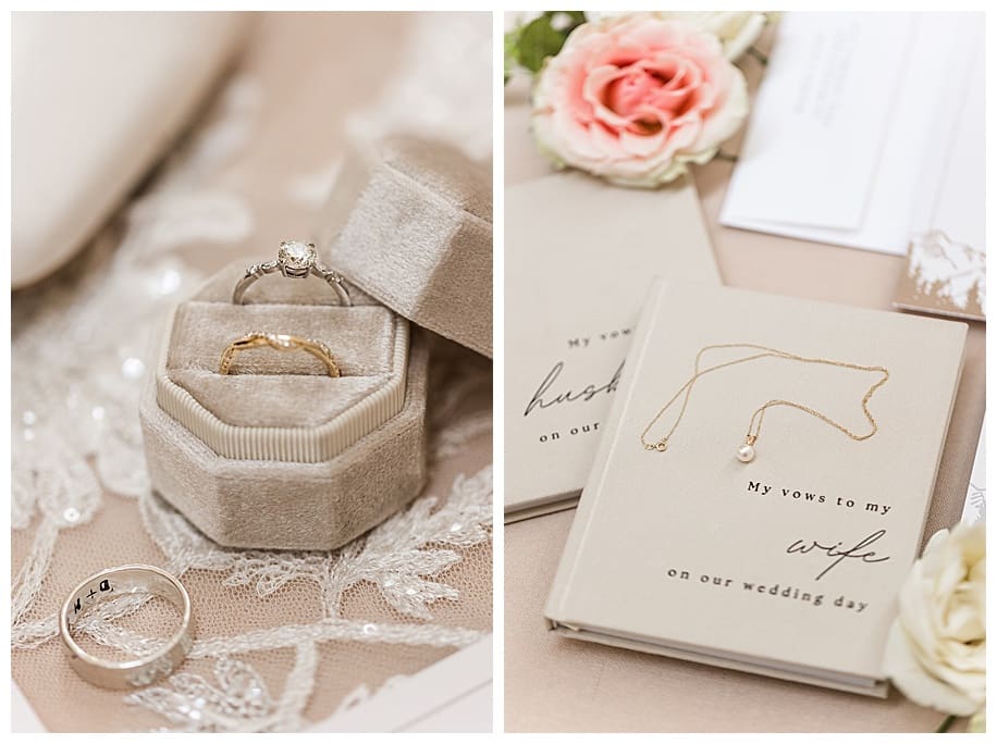 wedding rings in box and vow books with necklace