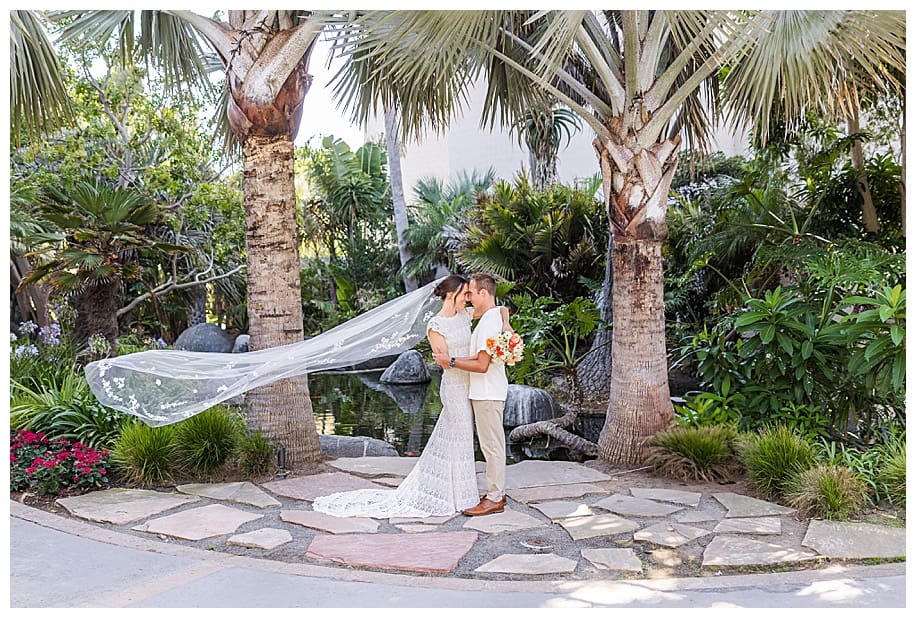 bride and groom hugging and veil flying at their Catamaran Resort Wedding