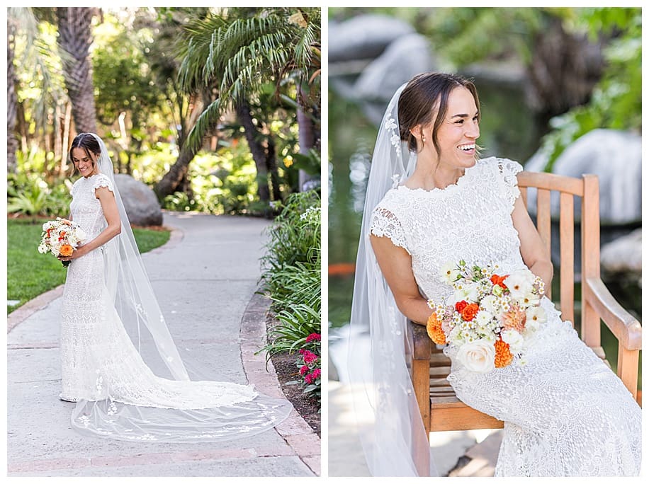 bride standing and sitting on chair at her Catamaran Resort Wedding