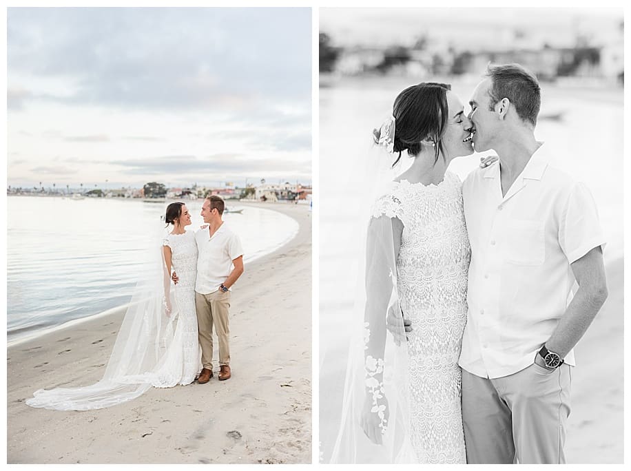 bride and groom hugging om beach at their Catamaran Resort Wedding