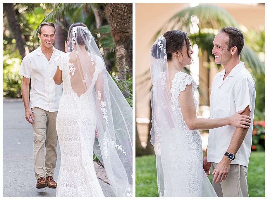 bride and groom greeting eacho other at their first look