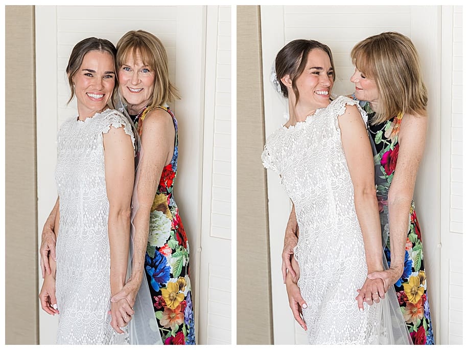 mother hugging bride before wedding