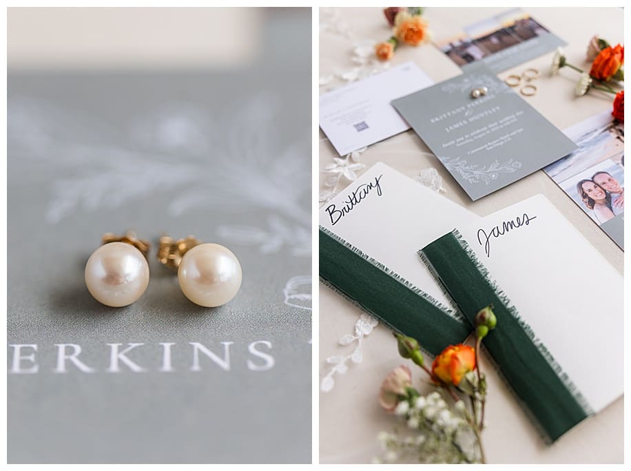 pearl earrigs on invitation and vow books