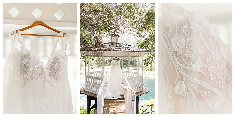 wedding dress hanging on gazebo
