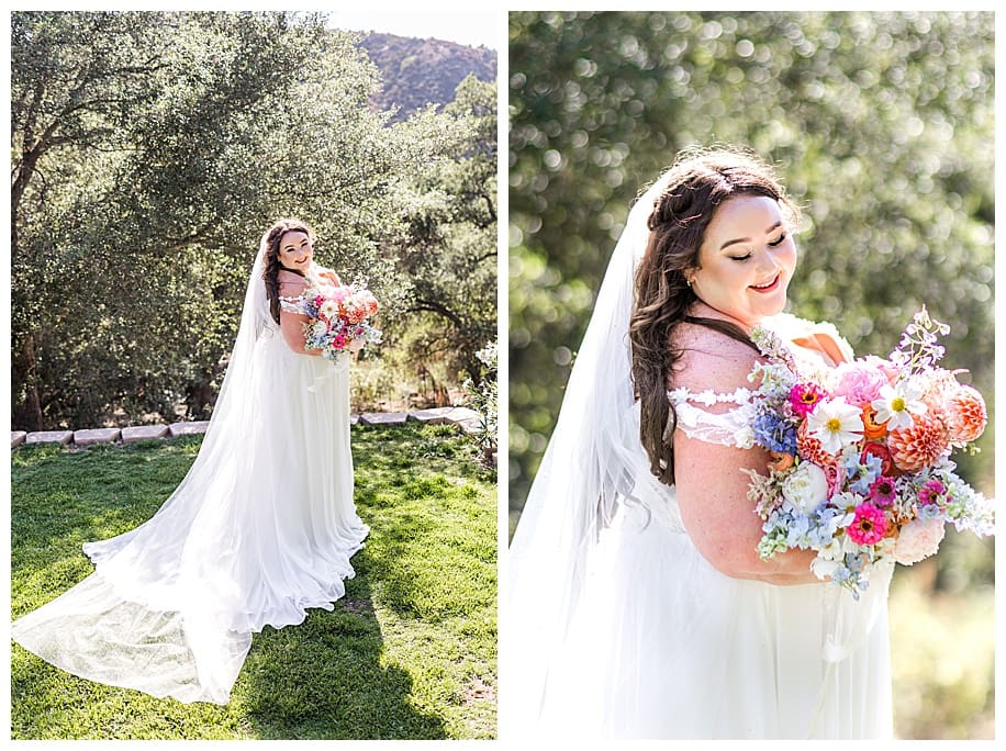 bride holding her bouquet at her v