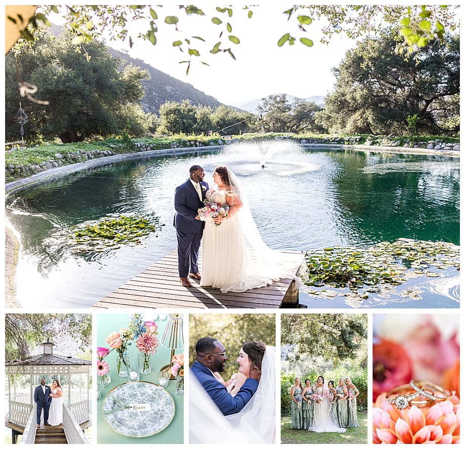 bride and groom standing on dock by pond at their Enchanted Hills Estate Wedding