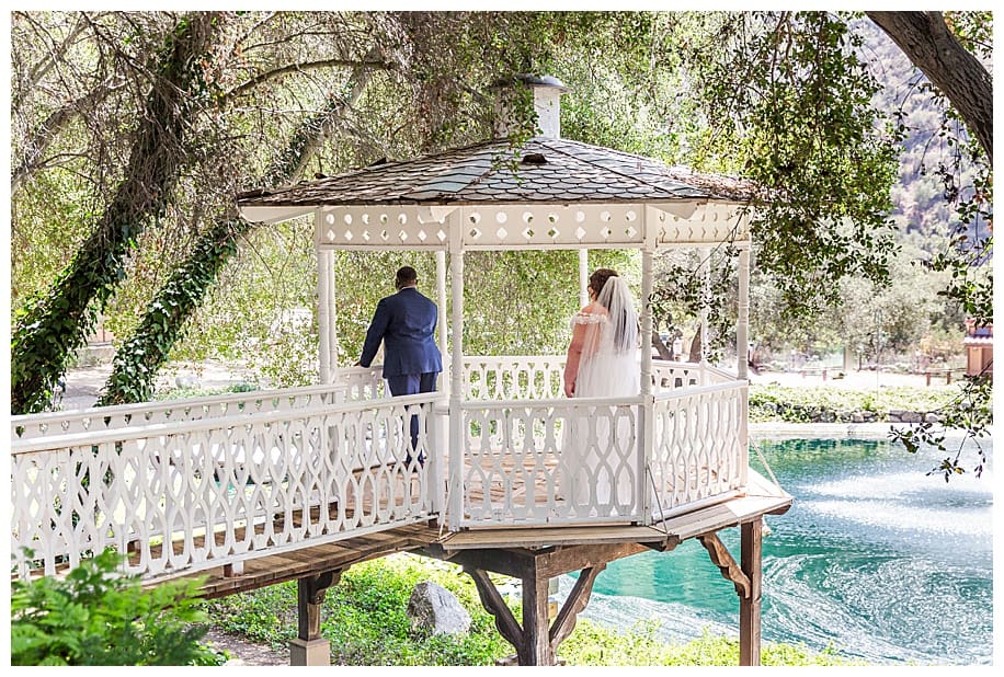 bride and groom in gazebo for their Enchanted Hills Estate Wedding first look