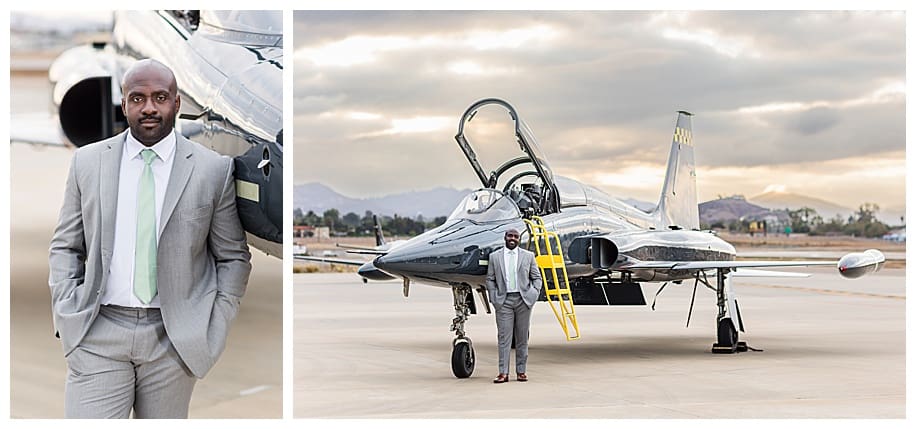groomsmen and groom standing in front of jet fighter san diego