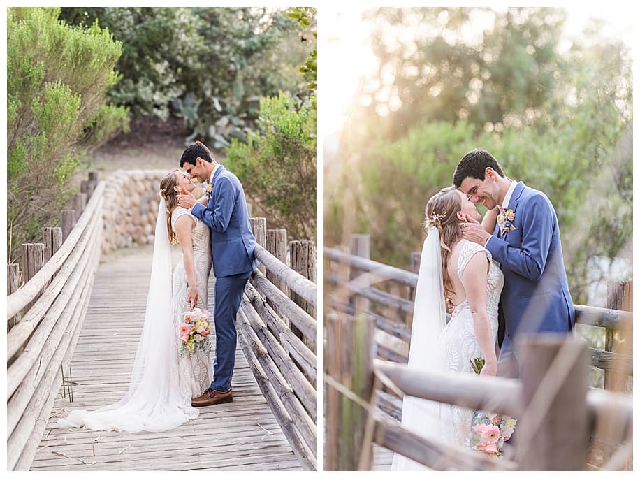 bride and groom hugging on bridge
