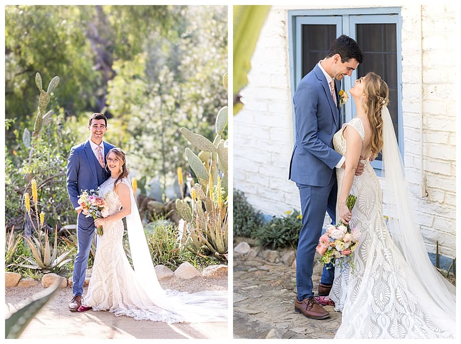 bride and groom hugging by cactus and adobe at their Leo Carrillo wedding