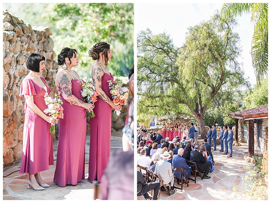 bridesmaids in pink dresses and wedding party at ceremony
