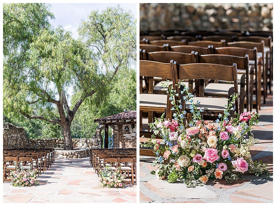 outside wedding ceremony site decorated with flowers