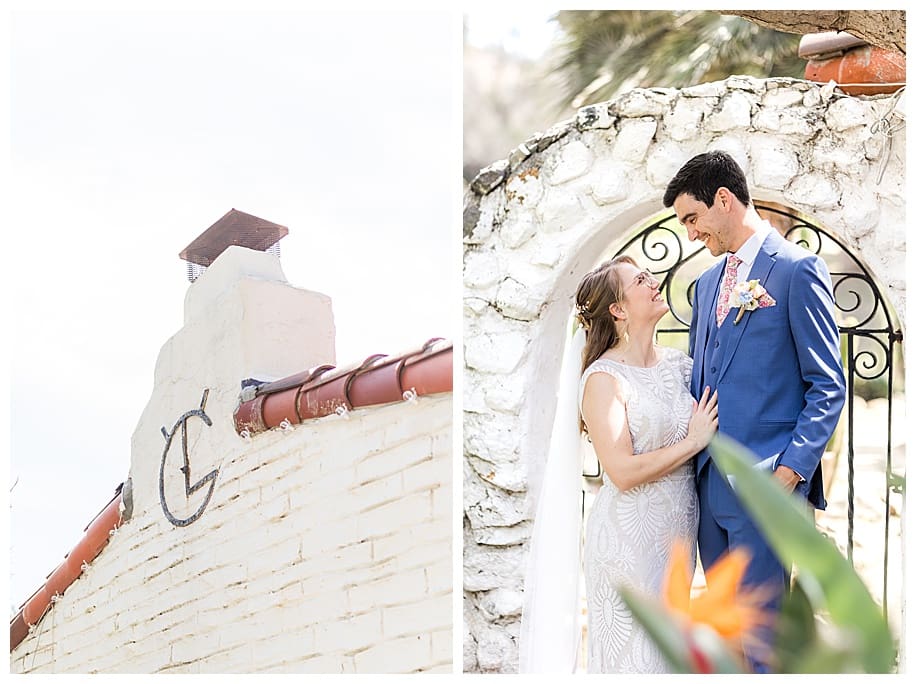 bride and groom standing togehter by adobe
