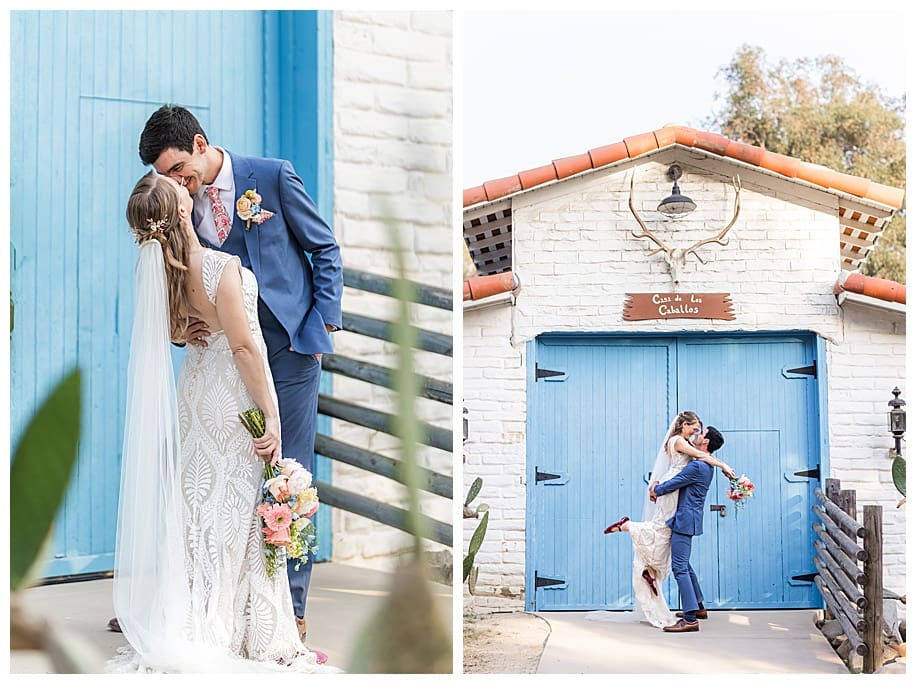 bride and groom kissing in front of blue door