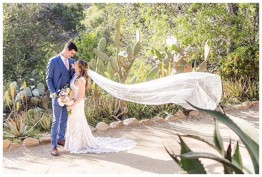 bride and groom hugging with bride's veil flying