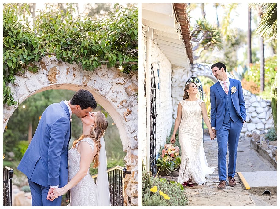 bride and groom walking and kissing under arch at their Leo Carrillo Wedding