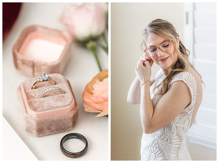 bride putting on earrings and wedding rings in pink box