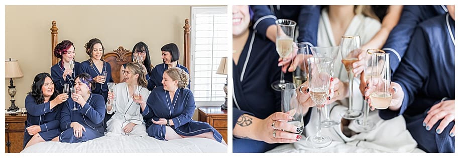 bride with bridesmaids in robes toasting with champagne