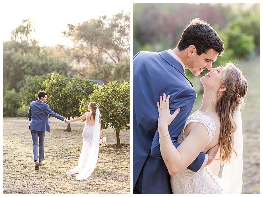 bride and groom hugging and running through orange grove