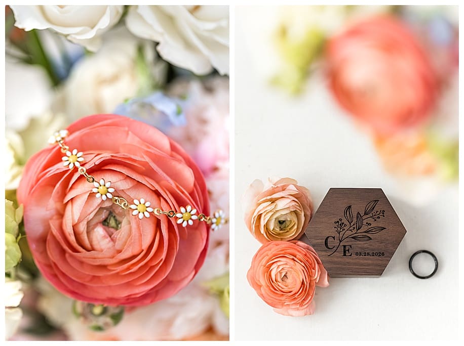daisy bracelet and wooden ring box on pink flower