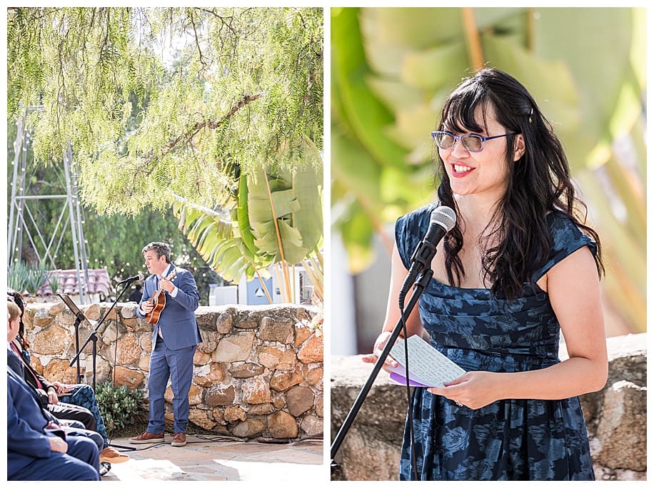 groomsmen playing guitar and woman reading during wedding ceremony