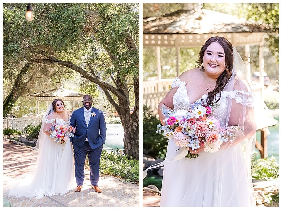 bride with bouquet and bride and groom standing by tree at their Enchanted Hills Estate Wedding