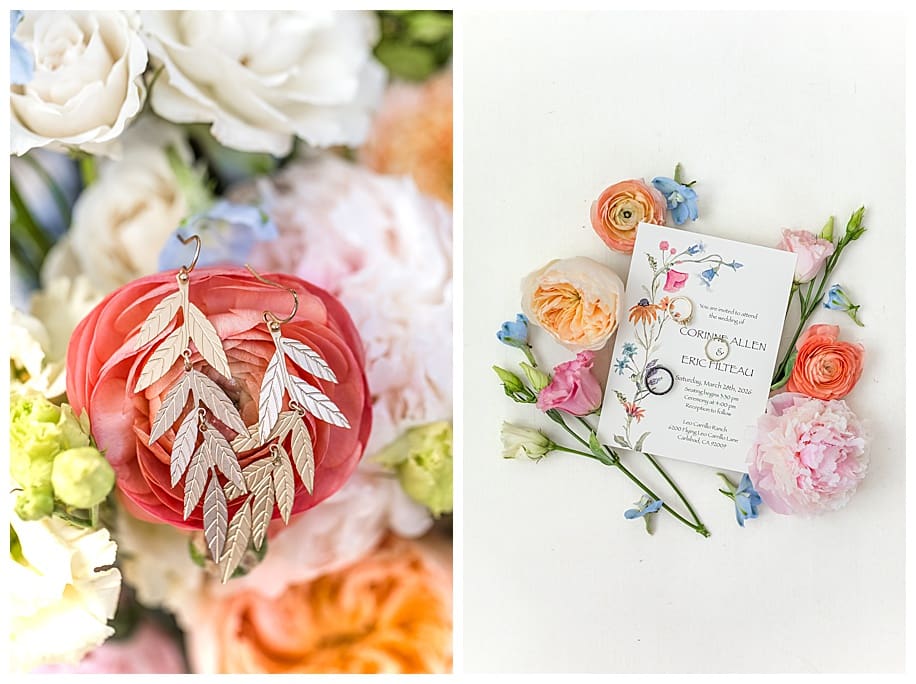 gold earrings and wedding invitation on pink flowers